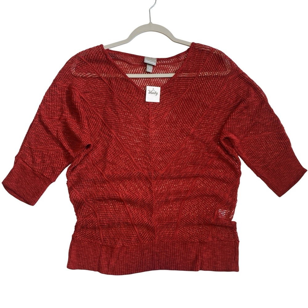 Vanity Womens Blouse L Top Red Casual Summer V-Neck 3/4 Sleeve Openwork Crochet